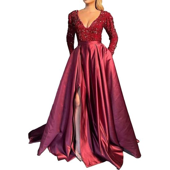 Women Evening Dress Low-cut V Neck Shiny Sequin Tight High Waist Split Hem A-line Big Swing Floor Length Satin Prom Wedding Party Lady Maxi Dress