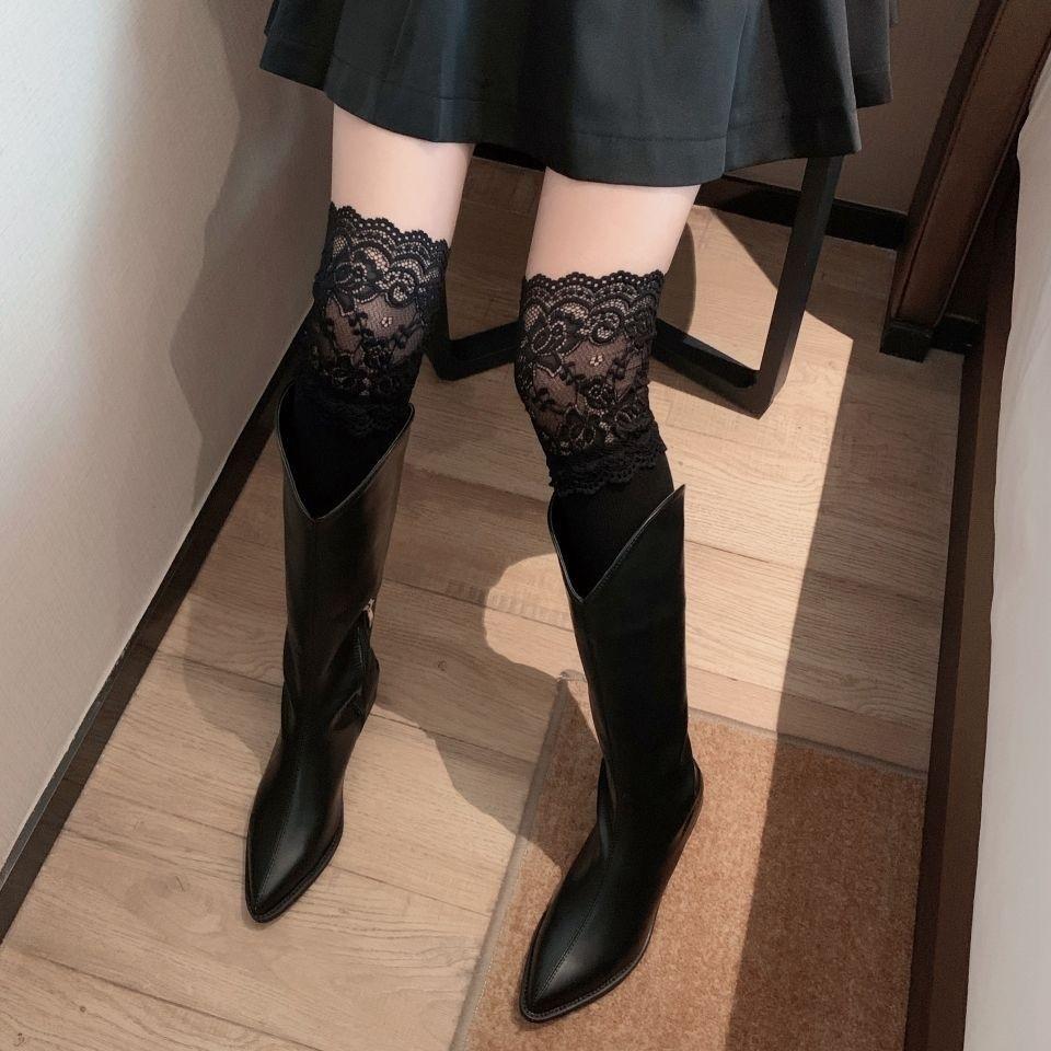 Женские теплые чулки выше колена, толстые носки, длинные носки, не-, однотонные, с кружевной отделкой.