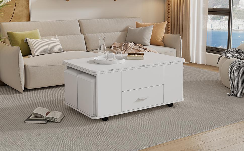 Coffee table, height-adjustable, movable sofa table, 4-in-1 multifunctional, convertible into living room dining table, with drawers, 4 stools, white