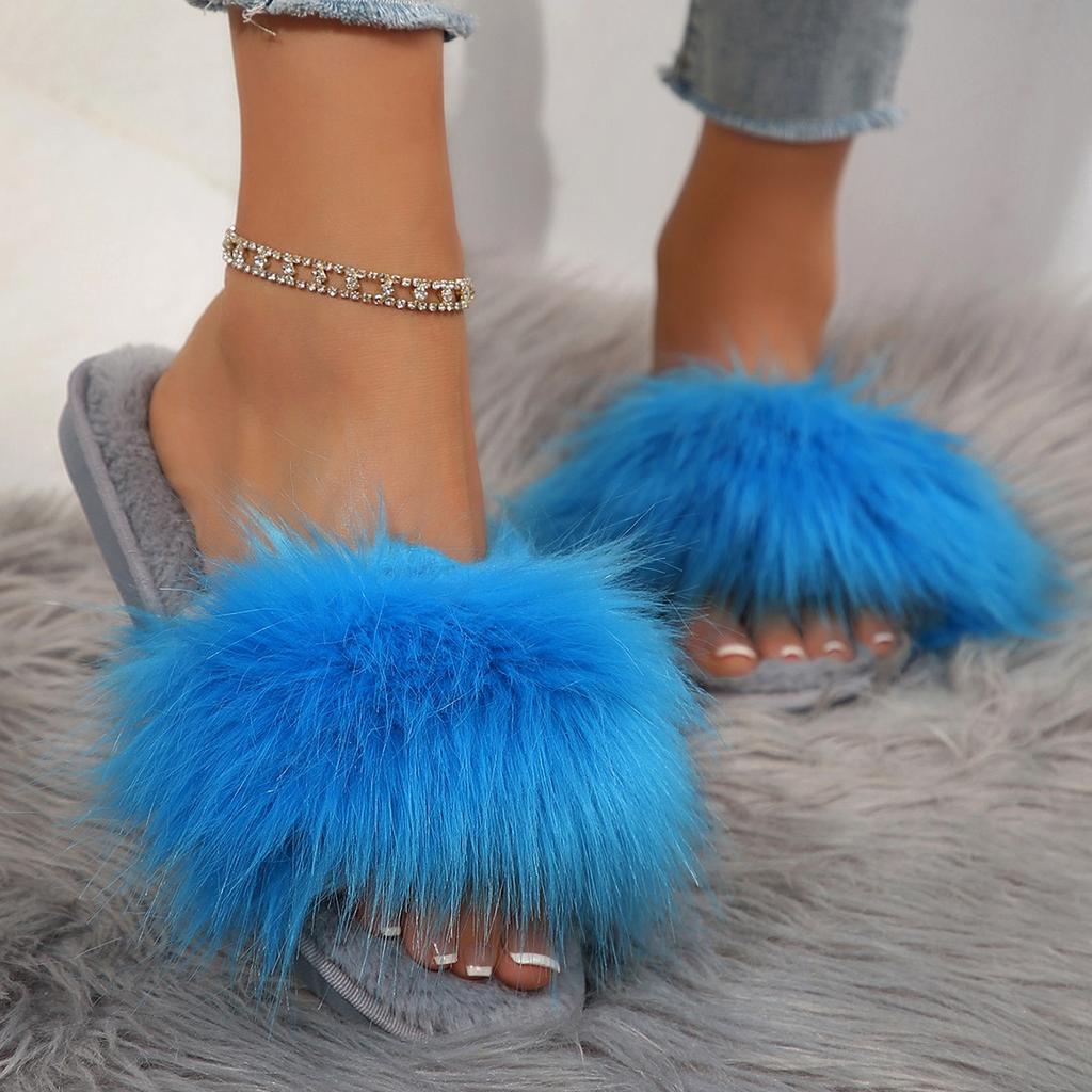 Fashion Slippers Women New Slides Casual Flat Low Heels Leisure Shoes for Women Solid Pink Blue Furry Fur Slippers Plus Size