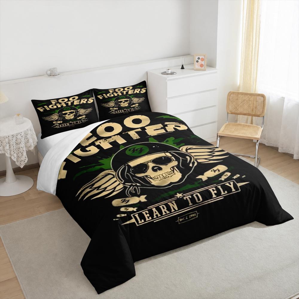 3 Piece Bedding Set with Duvet Cover and 2 Pillowcases - Foo Fighters Learn To Fly Skull Helmet Print - Black Cream Music Decor for Fans