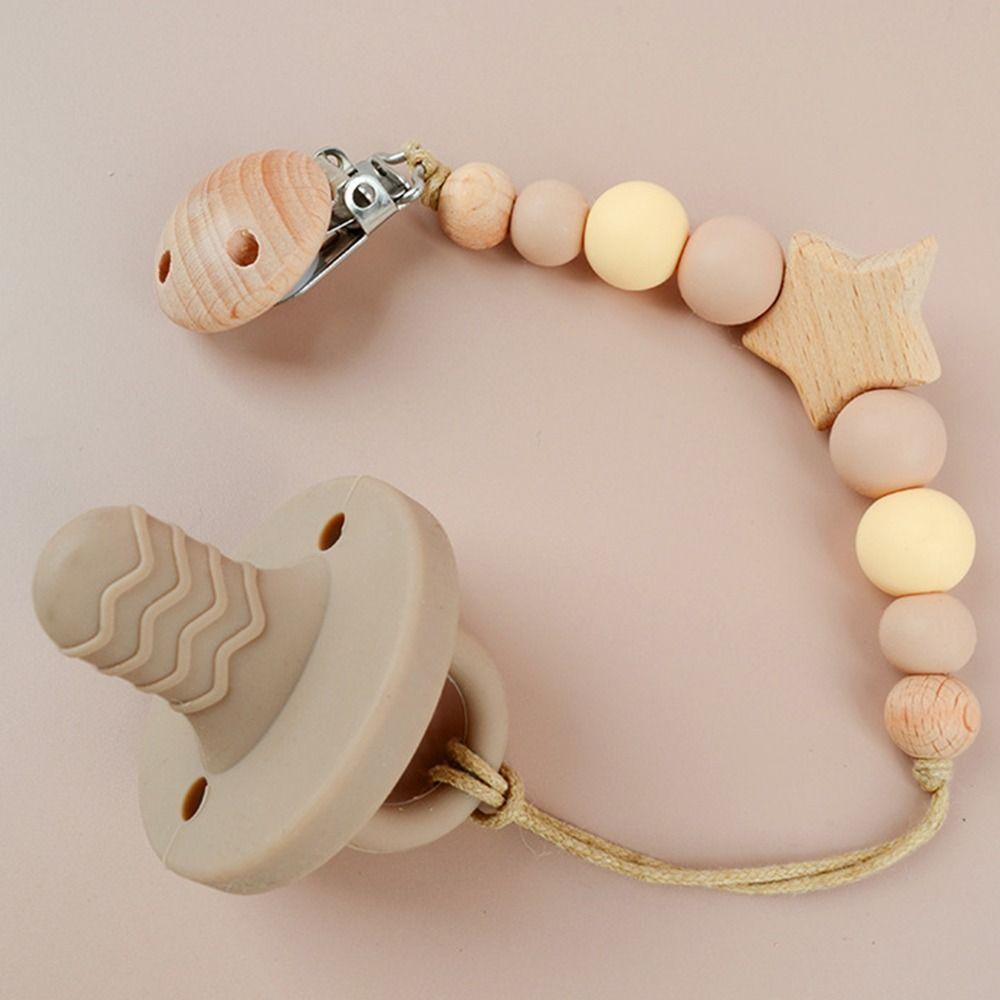 Star Pacifier Holder Clips Wood Baby Teether Toys Straps Anti-lost Baby Pacifier Chain  Toddler