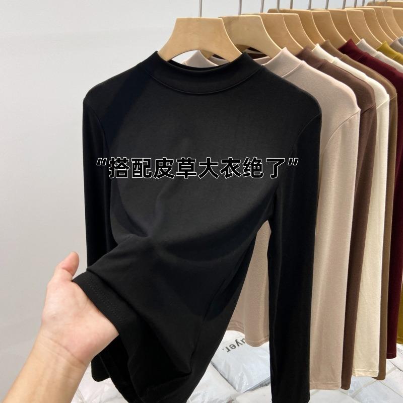 Теплая полированная базовая водолазка с маленькой стойкой, женская весенняя облегающая футболка с длинным рукавом для ношения под одеждой, тонкий бархатный базовый топ