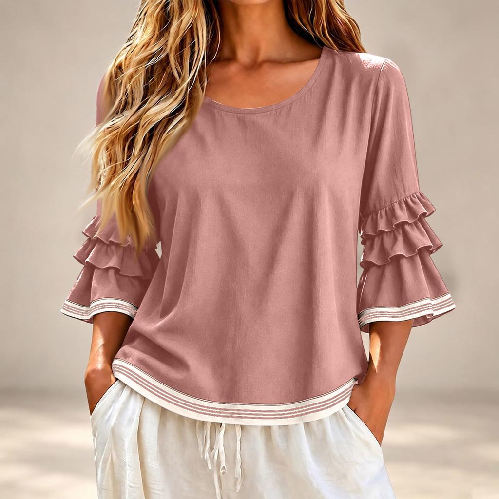Women's Casual Loose Fit Ruffled 3/4 Bell Sleeve Top Blouse for Everyday Wear