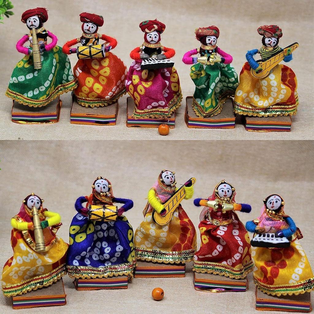New Rajasthani Multicolor Musician Bawla Puppets Idol, Set of 10, (5 Male & 5 Female)
