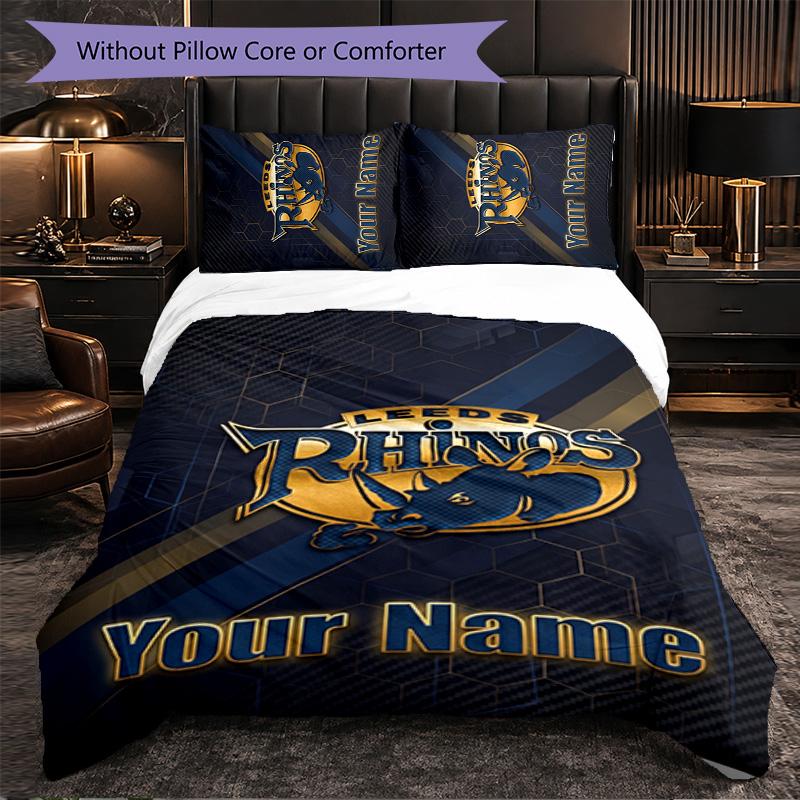 Leeds Rhinos Customized Name Text Bedding Set, 1 Duvet Cover & 2 Pillowcases Personalized Bedroom Gift