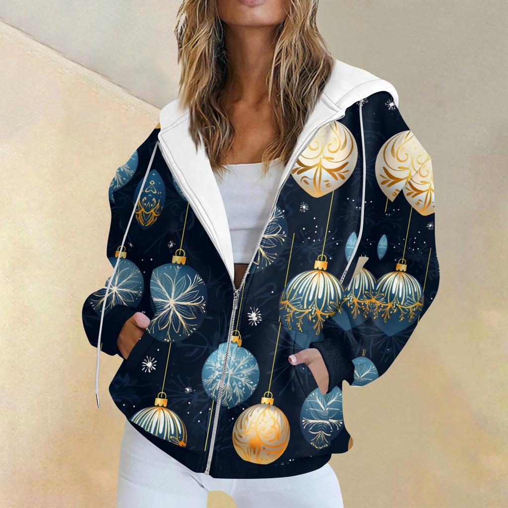 Женская модная повседневная толстовка с рождественским принтом и длинными рукавами, карманная куртка, пальто с капюшоном на молнии