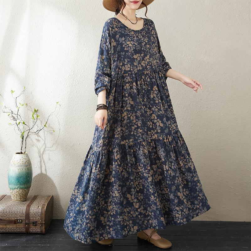 Autumn Thin Cotton Linen Fat MM Long Sleeved Loose Casual Slimming Cake Big Swing A-line Dress for Women Dresses