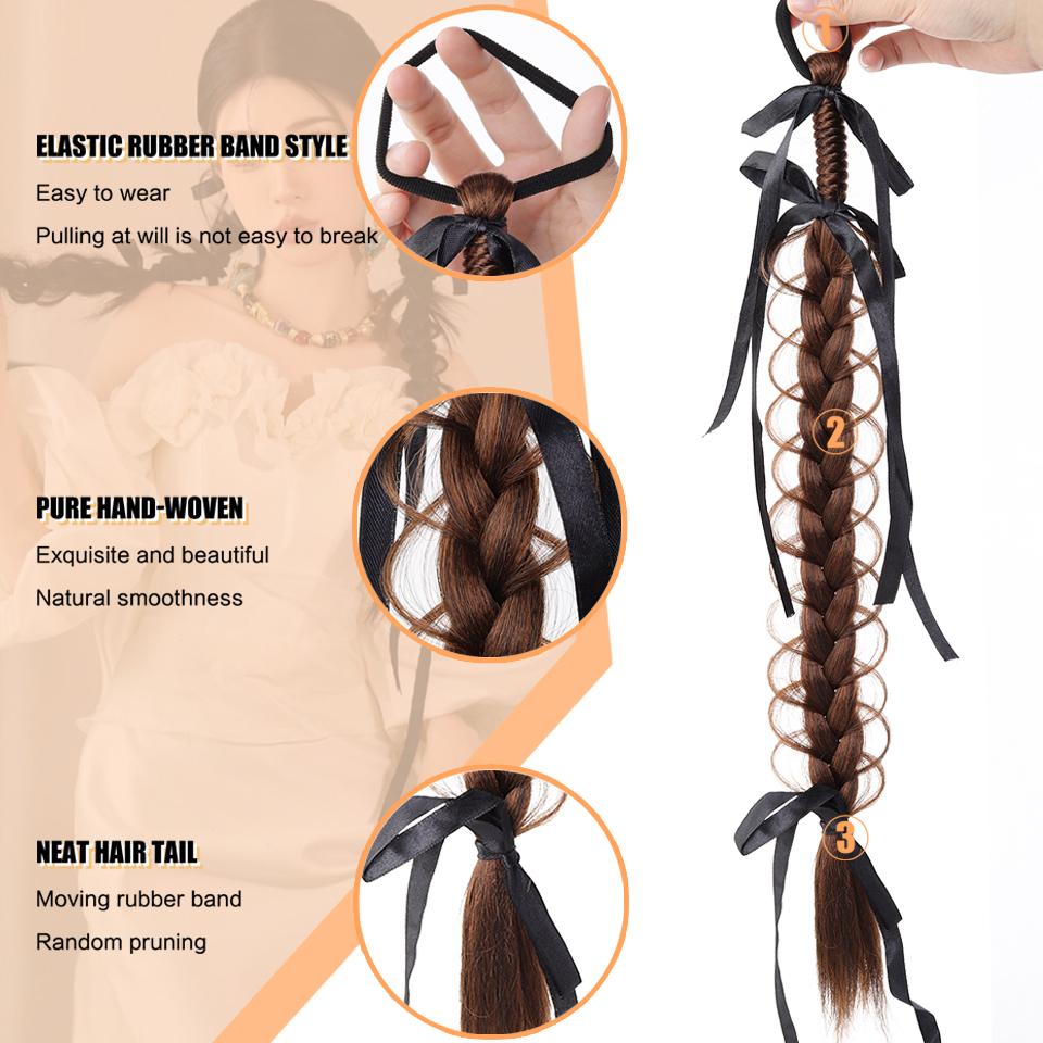 Ponytail Synthetic Wig Elastic Style Boxing Braid Wig with Ribbon Bow Hair Accessories Suitable for Ladies to Wear Daily