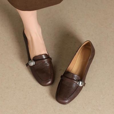 Модные французские ретро туфли-лодочки с мелким вырезом на одну ногу для женщин, с круглым носком и средним каблуком, для работы, маленькие кожаные туфли для женщин