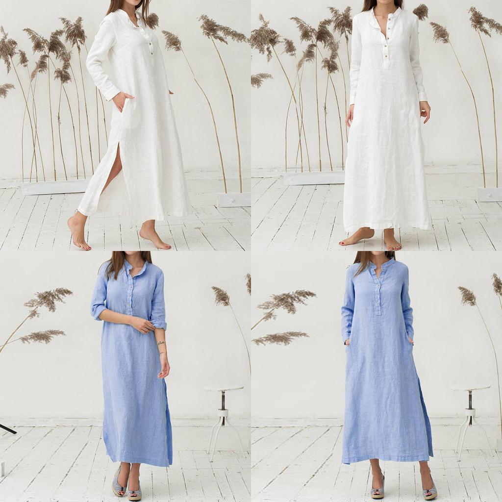 Luxurious Women's Kaftan Cotton Long Sleeve Plain Casual Oversized Maxi Shirt Dress