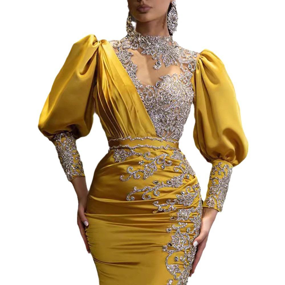 Весна и лето новая европейская и американская женская свадебное платье качающееся сексуальное золотое платье шлейф банкетное вечернее платье