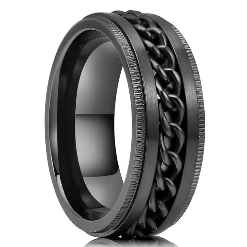 Trendy Rotatable Chain Spinner Fidget Rings for Men Stainless Steel Anti-Anxiety Rotating Band Ring Daily Jewelry