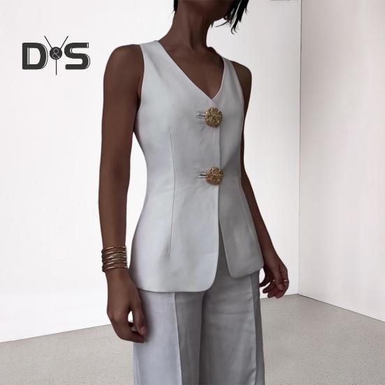 2 Pcs/Set Women Suit Vest Pants Set V Neck Double Button Closure Sleeveless Waistcoat High Waist Solid Color Pants OL Commute Business Outfit