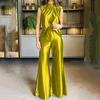 Women's Solid Color Hollow Out Hem Top Waisted Flared Pants Set