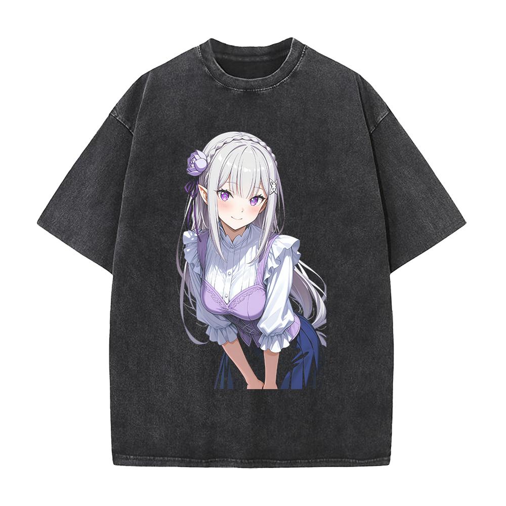 Эмилия Re ZERO Начинаем жизнь с нуля в другом мире Аниме Одежда Мужчины Женщины Футболки Стиранная Футболка Ретро Хлопковая Футболка Харадзюку Топы