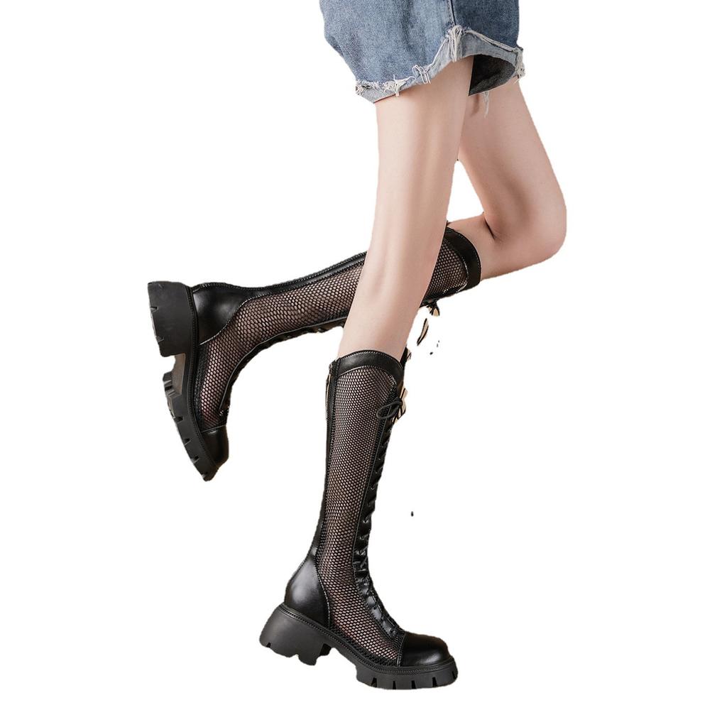 Long Tube Mesh Boots for Women In Spring and Summer 2025 New Soft Leather Thin Version Thick Soled Lace Up Mesh Knight Boots