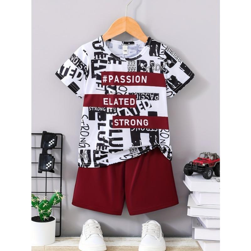 2pcs Boys Casual Stylish Letter Print Comfortable Versatile Short Sleeve T-shirt Shorts Set Summer Clothes