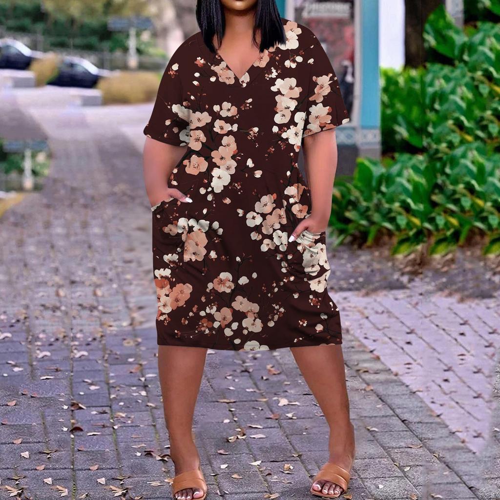 Летнее повседневное платье больших размеров с V-образным вырезом и коротким рукавом, карманом на колене для женщин