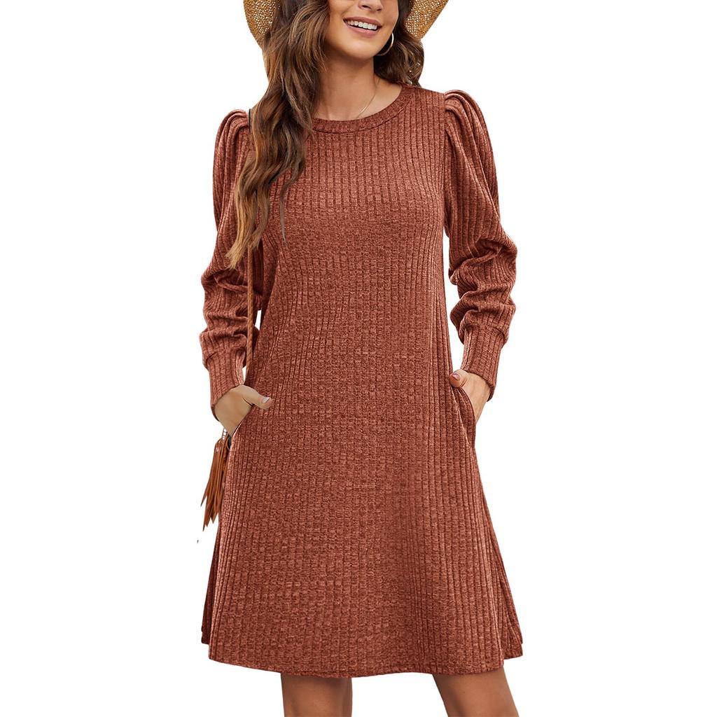 Women Casual Sweater Dress Winter Knitted Sundress Wiht Pockets Long Sleeve Tunic Clothes Keep Warm Midi Dresses
