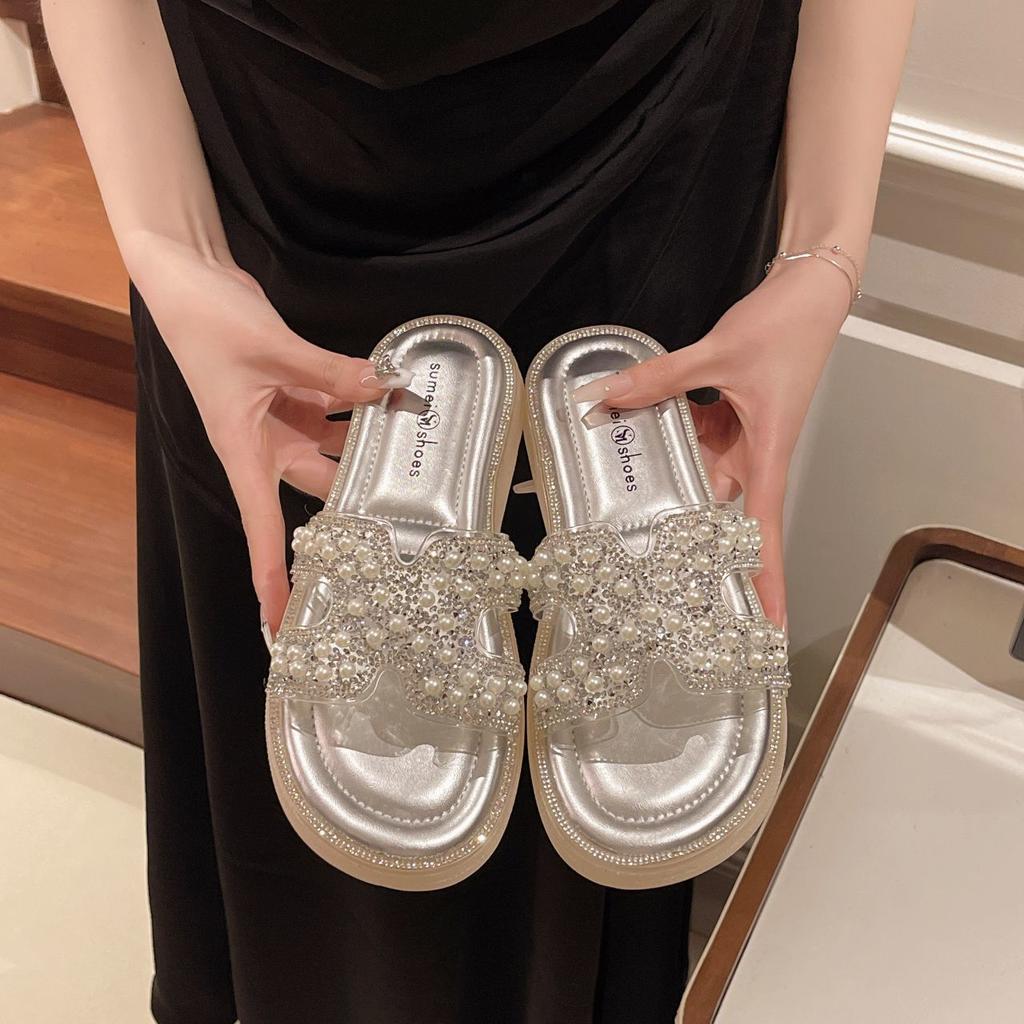 Thick-bottomed Pearl Slippers Outer Wear Women's Summer 2025 New Flat-bottomed Fashion with Skirts Fairy Beach One-word Sandals