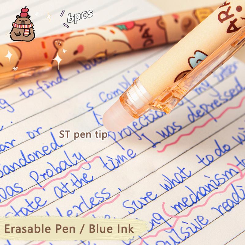6Pcs Cute Capybara Erasable Pen Blue Ink Writing Smooth Quick-Drying Pens School Office Accessories Students Stationery Gift