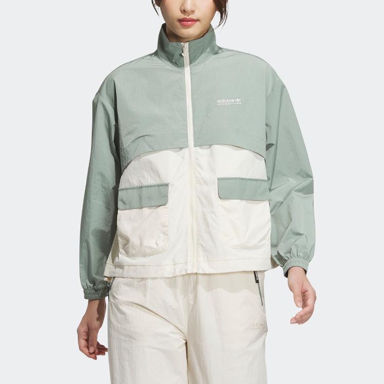 Adidas Оригинальная куртка с длинными рукавами и воротником-стойкой на молнии с трилистником, женская верхняя одежда, серебристо-серая, зеленая IK8618