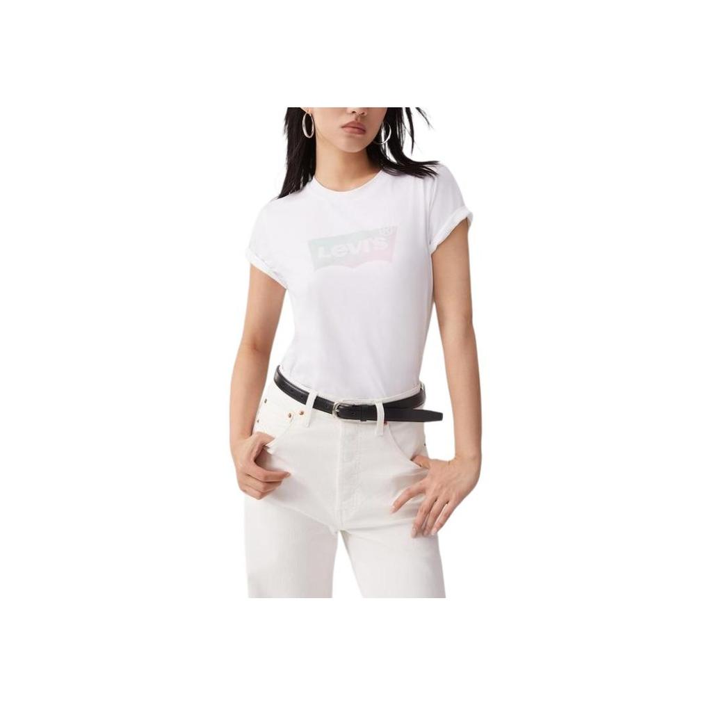 Levis Повседневная Удобная Простая Футболка с Принтом Логотипа Круглый Вырез Короткий Рукав Женские Футболки Белый 002YQ-0000