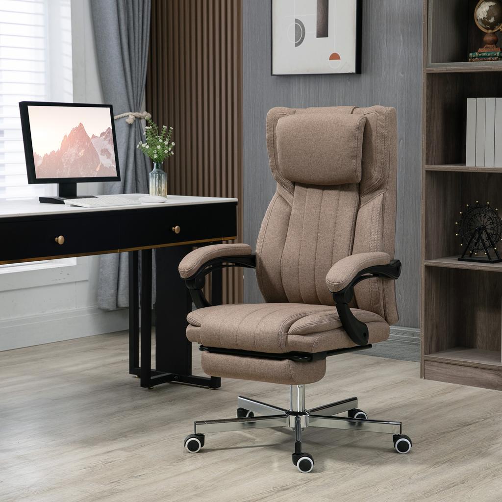 Office Chair with Massage Function, Reclining Backrest, Pull-Out Footrest, Linen Look, 65 x 61 x 118 cm, Brown