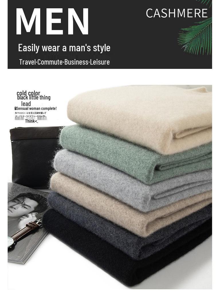 Мужской осенне-зимний пуловер из шерсти и кашемира, полувысокая горловина, однотонный, большого размера