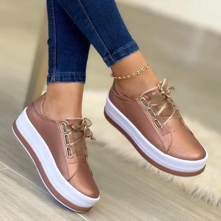 Woman Shoes Casual Sneakers for Women Round Toe Platform Shoes Lace UpTennis Female Vulcanized Shoes Solid Color Ladies Loafers