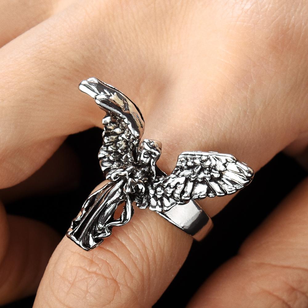 Gothic Vintage Distressed Angel Silver Color Ring Ancient Silver Punk Hip Hop Couple Rings Party Jewelry Gift Anillos Mujer