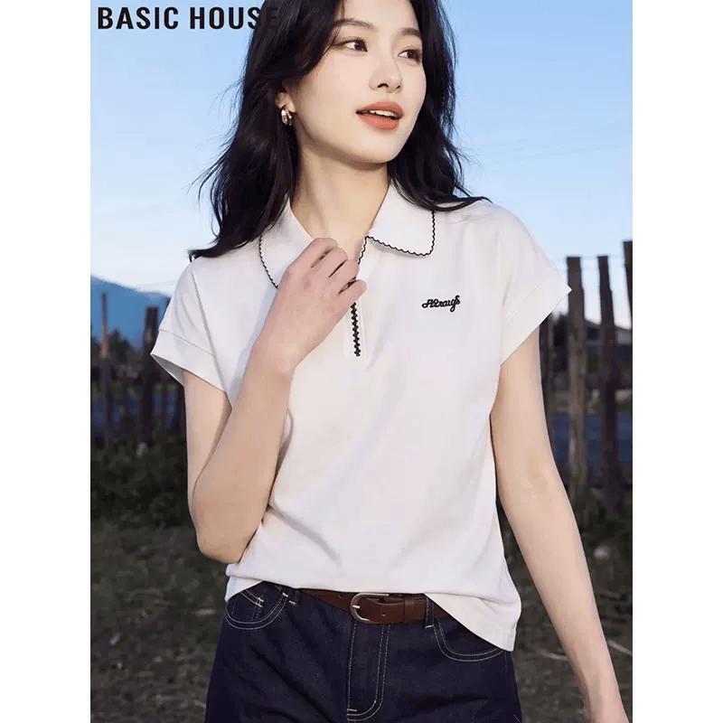Базовая белая женская футболка с коротким рукавом и отложным воротником Basic House