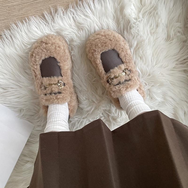 Французские туфли Мэри Джейн на пушистой подошве для женской верхней одежды 2025 зима новая бархатная теплая обувь-лоферы Doudou на одной педали из хлопка
