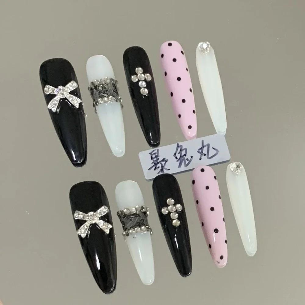 Y2K Spicy Girl Long Coffin Fake Nails Luxury Glitter Rhinestone Pearl Flower Metal Chain Press On Nails For Party