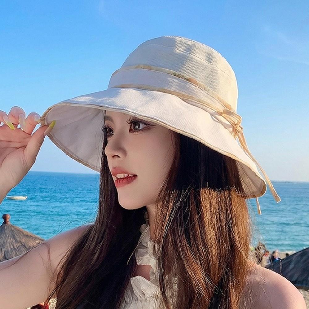 Lace-up Design Bucket Caps 10cm Large Brim Sunshade Hat New Girls Basin Caps Beach Activities