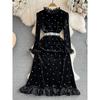 Fall and Winter Socialite Horn Long Sleeves Diamond Velvet Dress