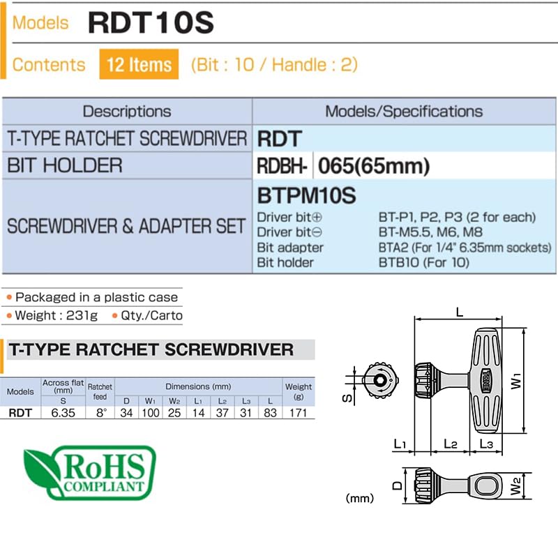 Набор отверток с храповым механизмом TONE RDT10S, вставка бит, черный цвет, 12 предметов, тип T и 6,35 мм (1/4") СОДЕРЖАНИЕ