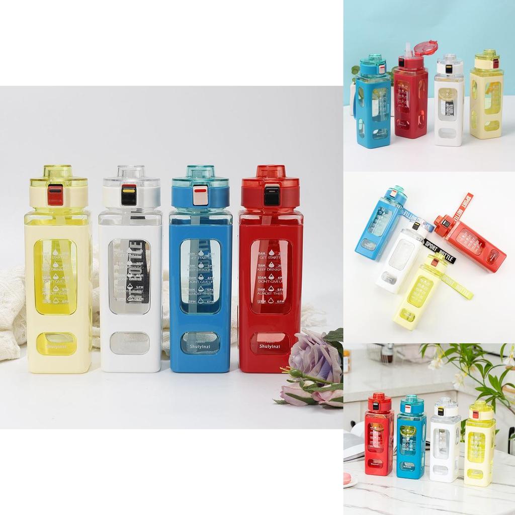 Square Plastic Water Bottle With Handle, Modern Simple Style, Portable Sports Bottle With Straw, 700ml