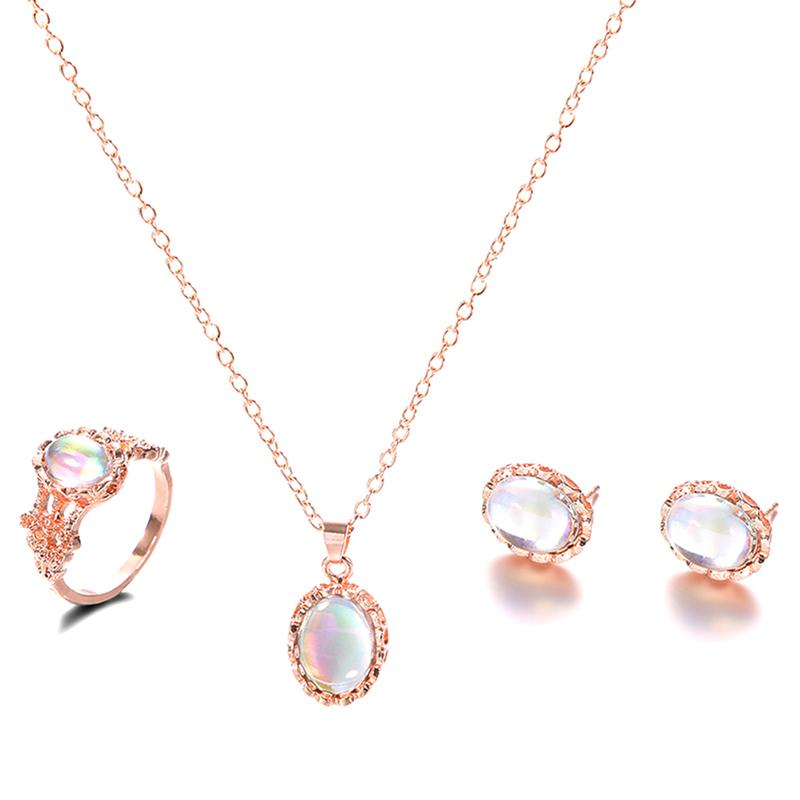 Elegant Aurora Oval Zircon Necklace Earring Ring Jewelry Set For Women Romantic Gold Plated Faux Opal Wedding Gift Accessories