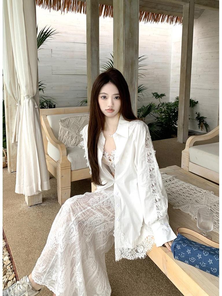 Korean Lace Long-Sleeved Shirt with Suspenders & White Fishtail Maxi Skirt - Women's Three-Piece Set for Spring/Summer 2025