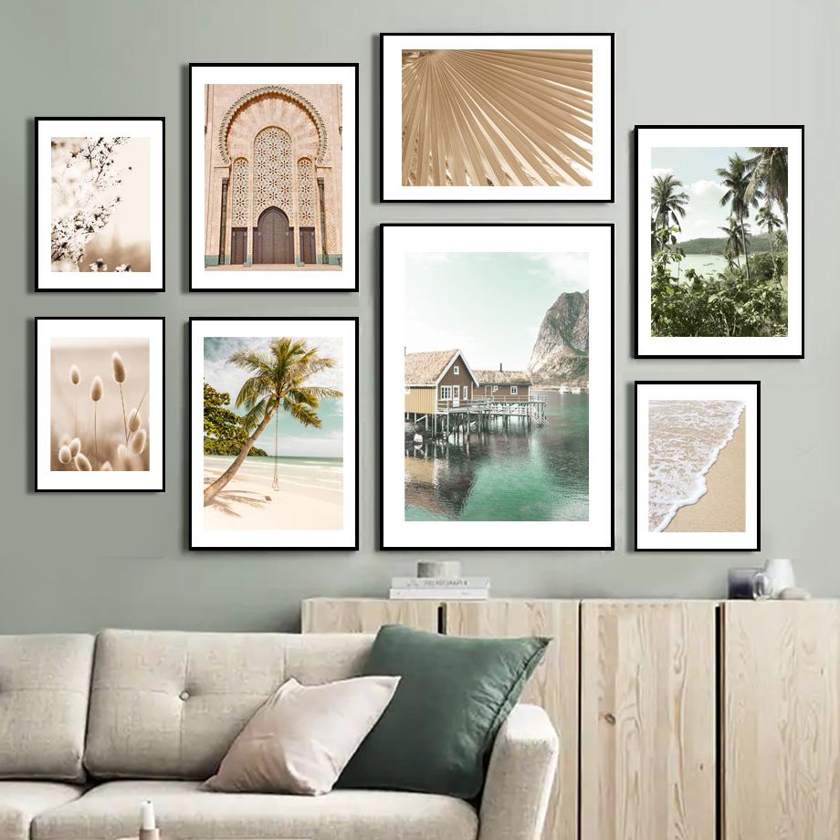 Lake House Reflection Beach Palm Leaves Tail Grass Wall Art Print Canvas Painting Nordic Poster Decor Pictures For Living Room