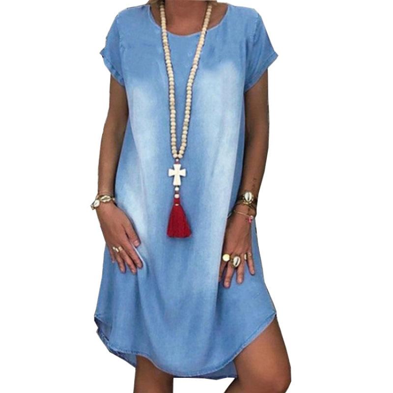 Женское джинсовое платье с потертостями - платье миди свободного кроя с круглым вырезом и короткими рукавами, повседневное мини-платье в стиле ретро для лета, идеально подходит для пляжа или повседневной носки