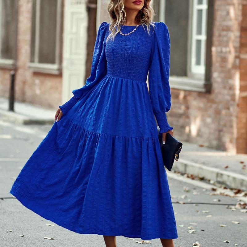 Женщины с круглым вырезом и пышными рукавами, сплошное цветное платье миди с высокой талией и темпераментом