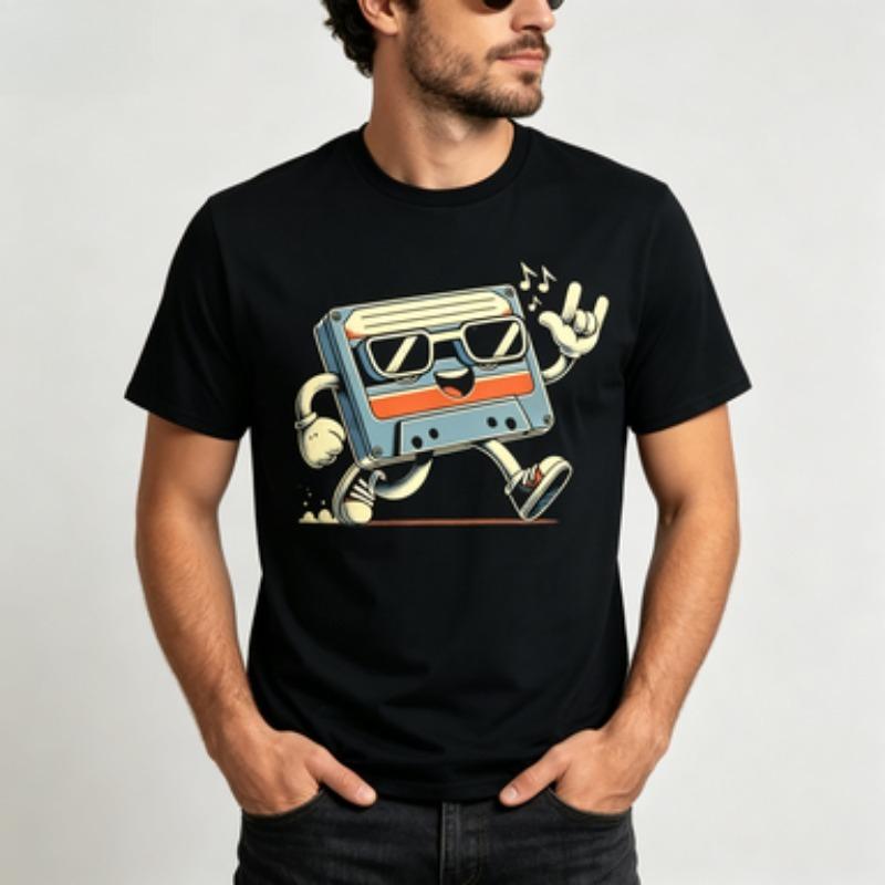 Retro Cassette Tape Tshirt Cool 80s Music Graphic Tee For Unisex Casual Top Black White