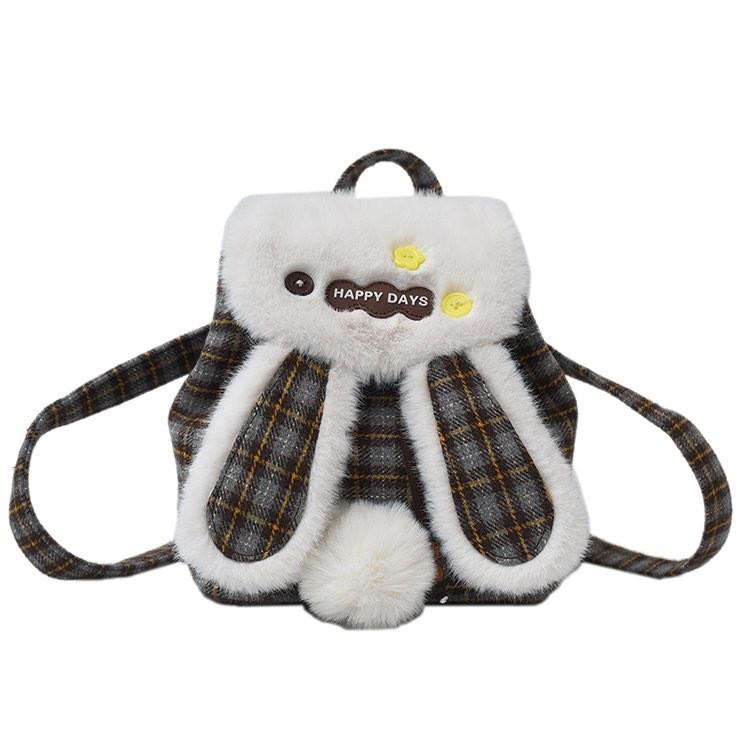 Cartoon Plush Backpack With Checkered Pattern And Storage For Women And Men