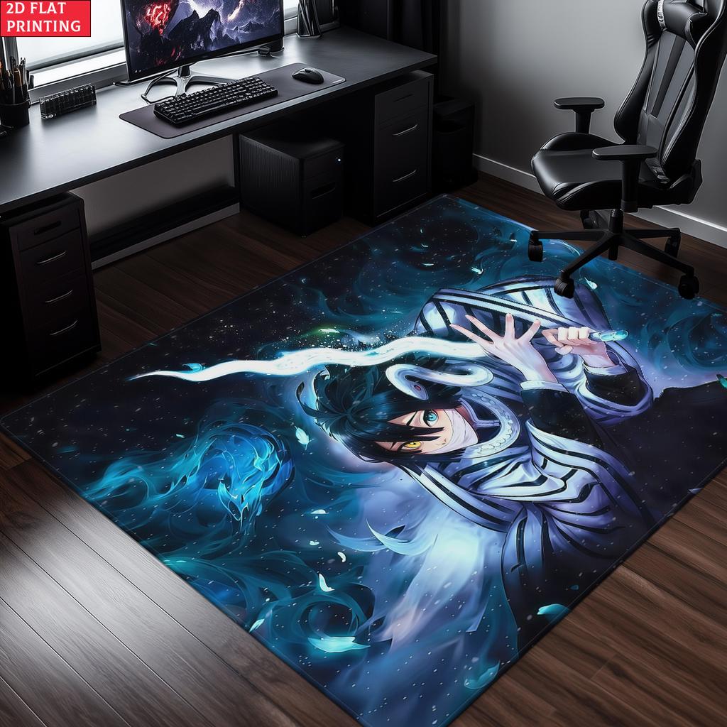 Anime Swordsman Area Rug, Blue Ice Flame Theme Floor Mat, Decorative Carpet for Gaming Room Bedroom, Washable Home Decor Gift