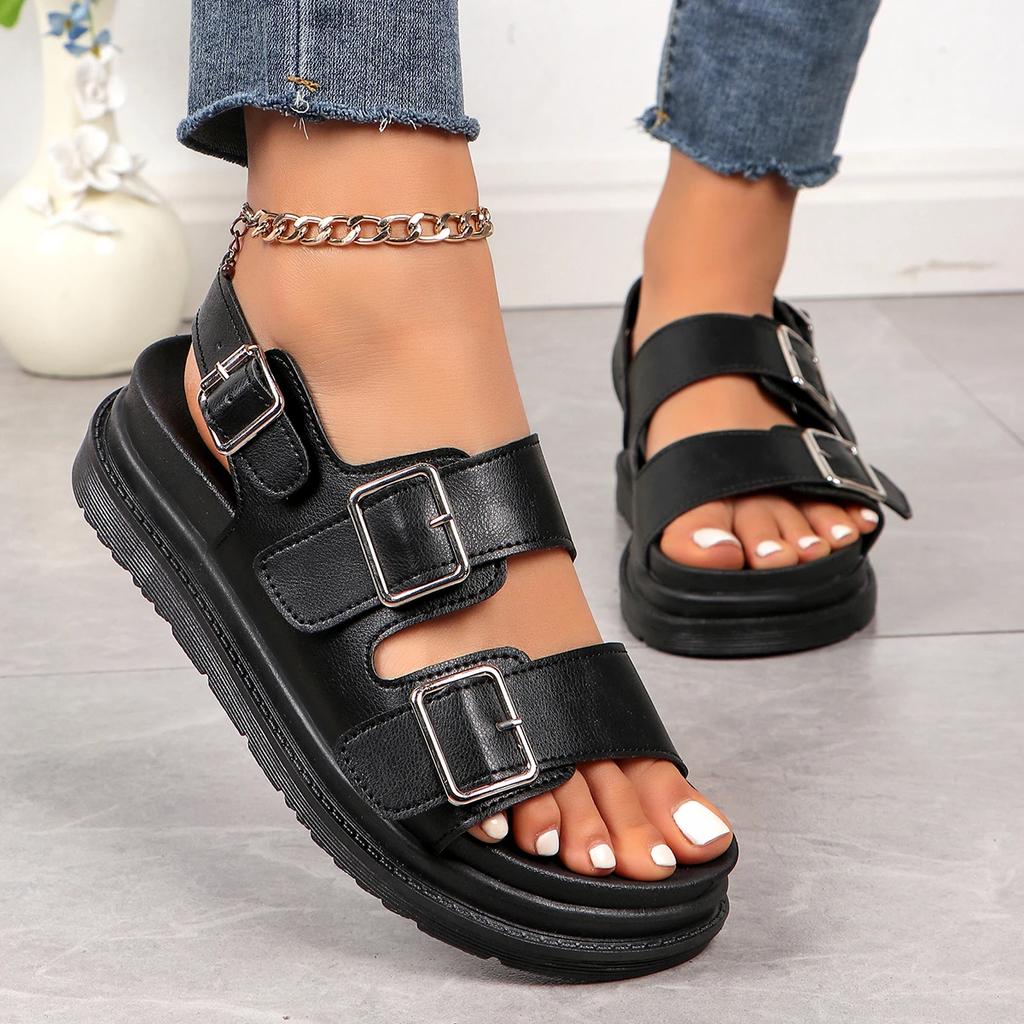 New Women Sandals British Style Rome Shoe Comfy Soft Leather Summer Metal Buckle Casual Slipper Flat Platform Sandals