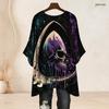 Women Plus Size Round Neck Batwing Sleeve Loose Skull Printed Top Black Purple Pink Side Slit Hem