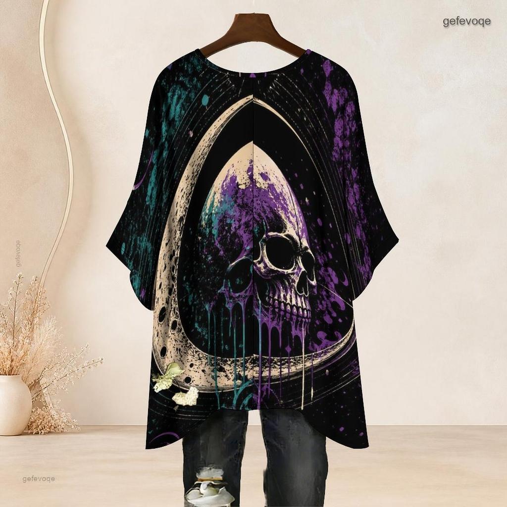 Women Plus Size Round Neck Batwing Sleeve Loose Skull Printed Top Black Purple Pink Side Slit Hem